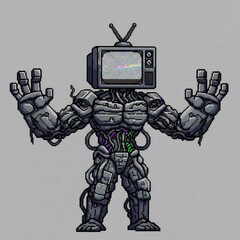 テレビヘッドロボット グレーピクセルアートスタイル
