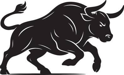 Powerful silhouette of a charging bull with fierce expression and muscular body on a white background