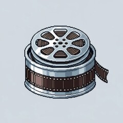 銀色のフィルムリールと焦げ茶色のフィルム グレーの背景