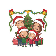 Happy Family Celebrating Christmas with Tree and Gifts Cartoon Illustration