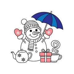 Cute Snowman with Umbrella, Gift, and Hot Tea Cartoon Illustration