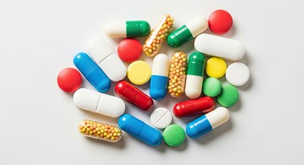 A pile of colorful pills and capsules on a white background.