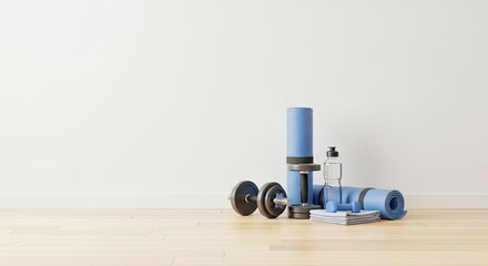 A blue yoga mat and dumbbell on a wooden floor against a white wall.