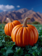 Pumpkins in lush green field with mountain backdrop under clear blue sky, evoking serene autumn atmosphere