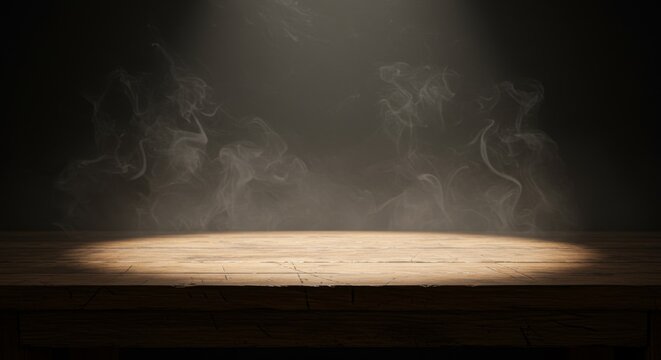 Spotlight on a rustic wooden table with soft light and subtle smoke, perfect for product displays or culinary presentations