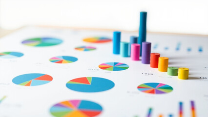 Data Analysis and Insights: A colorful array of charts and graphs, representing complex data sets, are laid out on a table, hinting at strategic planning and financial analysis.