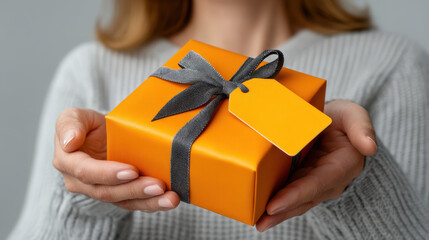 Woman holding orange gift box with black ribbon and blank tag, showcasing thoughtful and elegant presentation