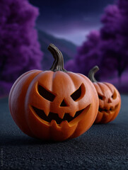 Jack o lanterns with glowing faces on country road, surrounded by purple trees under twilight sky