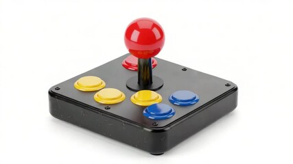 Retro arcade joystick from the 1980s shows vibrant colors and simple design isolated on white background
