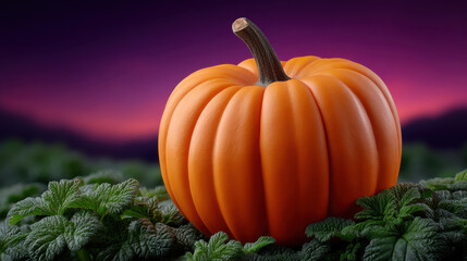 Orange pumpkin rests on lush green leaves under stunning purple sunset sky, evoking serene autumnal mood