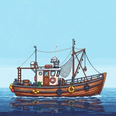 木製漁船と水面のある穏やかな水彩のシーン