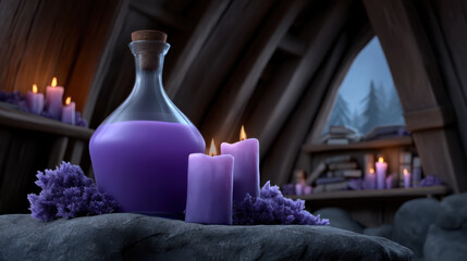 Glowing purple potion bottle and candles on stone surface in cozy wooden room with books and shelves in background