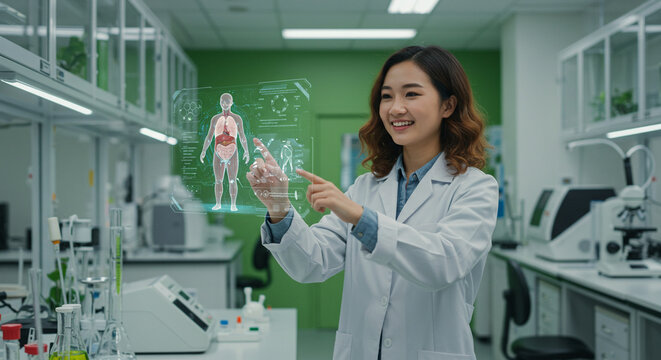 Biotech Engineer Interacting with AR Medical Display. Smiling Asian female engineer points at a transparent Augmented Reality (AR) interface displaying human body anatomy.
