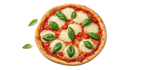 Freshly Baked Margherita Pizza with Mozzarella, Tomato Sauce, and Basil on Transparent Background
Top View of Classic Italian Pizza with Golden Crust and Fresh Green Basil Leaves