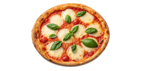 Freshly Baked Margherita Pizza with Mozzarella, Tomato Sauce, and Basil on Transparent Background
Top View of Classic Italian Pizza with Golden Crust and Fresh Green Basil Leaves