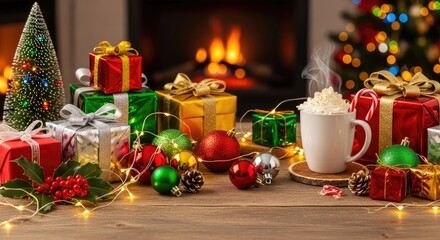 Christmas presents and decorations on a wooden table with a fireplace in the background.