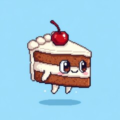 水色背景のチェリー付き笑顔のケーキのピクセルアート