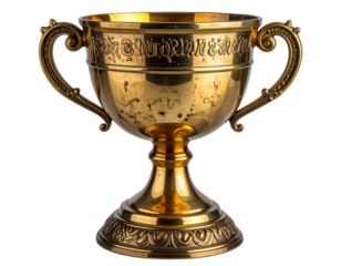 Angled Side View of Ornate Antique Gold Trophy Cup, Highlighting Base Details, isolated transparent background PNG