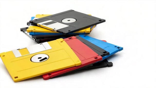 Collection of colorful floppy disks from the 1980s arranged in a scattered group on a white background