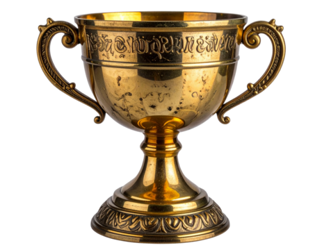 Angled Side View of Ornate Antique Gold Trophy Cup, Highlighting Base Details, isolated transparent background PNG