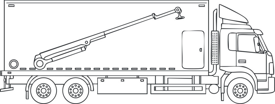 Illustration of a side view of a delivery truck with a loading arm for cargo..