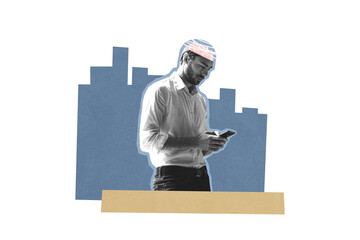 Composite trend artwork sketch image photo collage of half head open man business stand think mind...