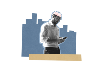 Composite trend artwork sketch image photo collage of half head open man business stand think mind mental health psychology type phone