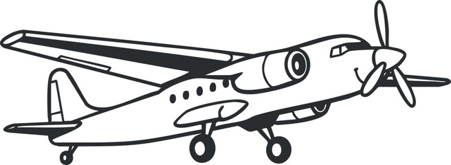 Cartoon style illustration of a classic airplane in black and white design..