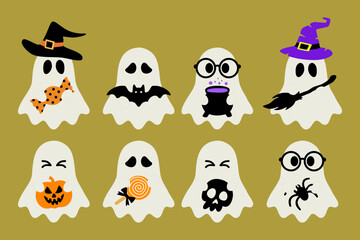 Naklejka premium Halloween Vector Illustration Set. Ghost, Pumpkin, Witch, Spider