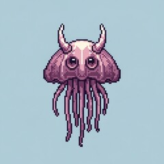 角のある紫色のクラゲのピクセル アート水色背景