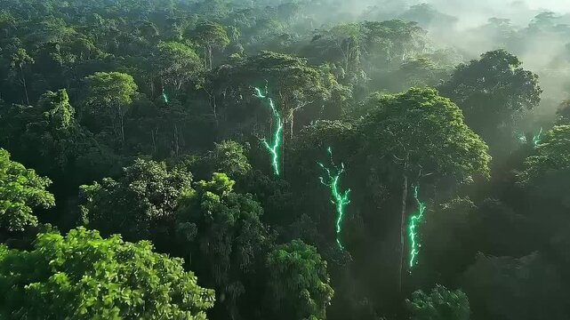 Lush Surreal Forest with Glowing Streams, A breathtaking aerial view of a dense green forest with glowing surreal streams cutting through the trees, illuminated by ethereal light