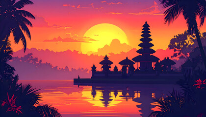 Temple silhouette at sunset, cultural illustration