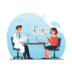 Fototapeta premium A doctor in a white coat sits at his desk, consulting with a female patient in a medical office setting.