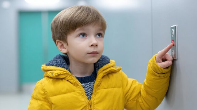 Curious young boy in yellow jacket pressing elevator button with anticipation in modern building hallway
