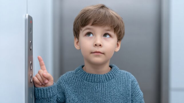 Young boy in cozy sweater pressing elevator button with thoughtful expression in modern building interior