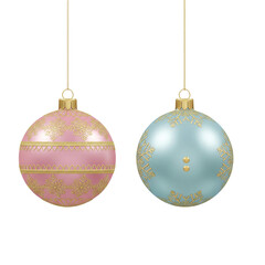 Obraz premium Shiny gold, red, and blue glass Christmas balls on a white background for holiday decoration