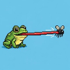 青い背景のハエを捕まえる緑色のドット絵のカエル