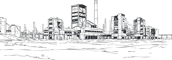 A detailed black and white line drawing of an industrial factory landscape with smokestacks..