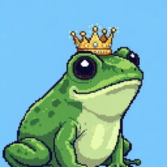明るい青い背景の王冠をかぶった緑のカエル