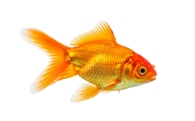 A bright goldfish swimming isolated on a white background, showing its orange and red fin and tail