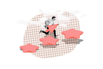 Creative picture collage young man running upwards achieve goal aim dream carry pointer arrow...