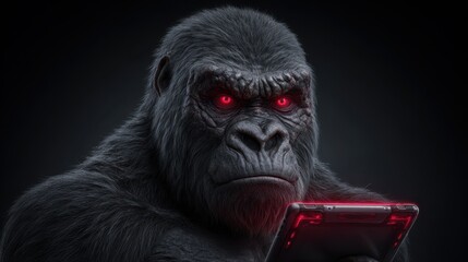 Majestic Gorilla with Red Eyes Using a Smartphone in a Dark Background, Symbolizing Technology and Nature Fusion