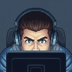 ピクセルアート 男性 コンピューター ヘッドホン 深い集中