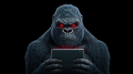 Intense Gorilla with Red Eyes Holding a Tablet Against a Black Background