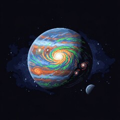 ピクセルアートの渦巻く惑星と衛星が暗い宇宙空間に浮かぶ