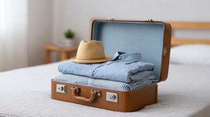 Stylish Travel Suitcase with Neatly Folded Clothes and Straw Hat Ready for Vacation Adventure