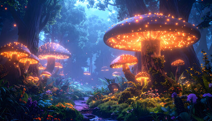 Dreamlike forest with glowing mushrooms, fantasy surreal style