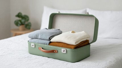 Neatly Packed Suitcase on Bed Featuring Cozy Sweaters in Soft Colors Ready for Travel or Weekend Getaway