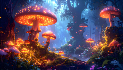 Dreamlike forest with glowing mushrooms, fantasy surreal style