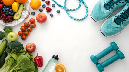 Produce and fitness gear border, white center copy space